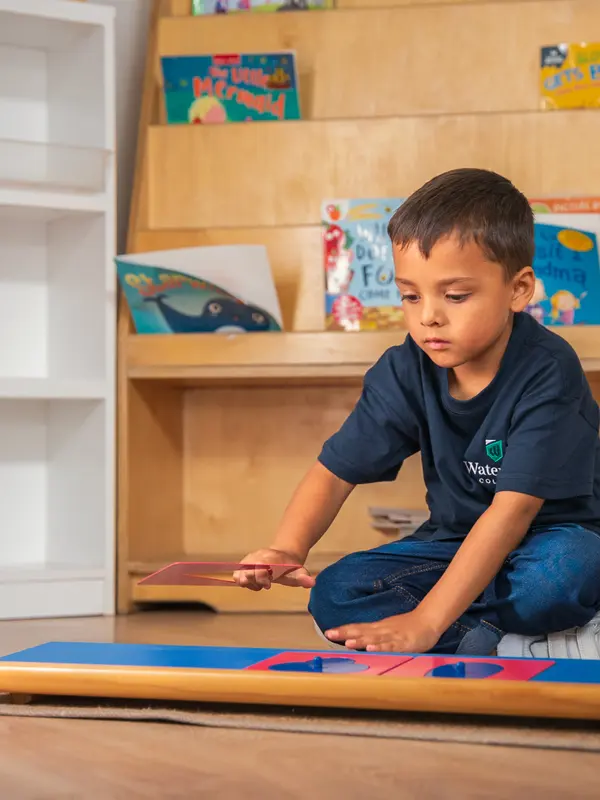 A child absorbed in a floor activity in a prepared classroom