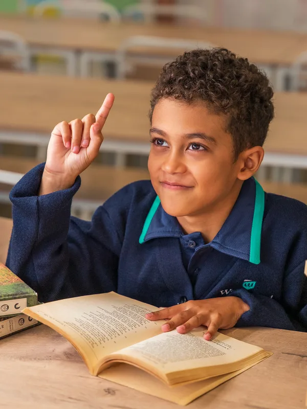 A child raising their hand at a desk stacked with books