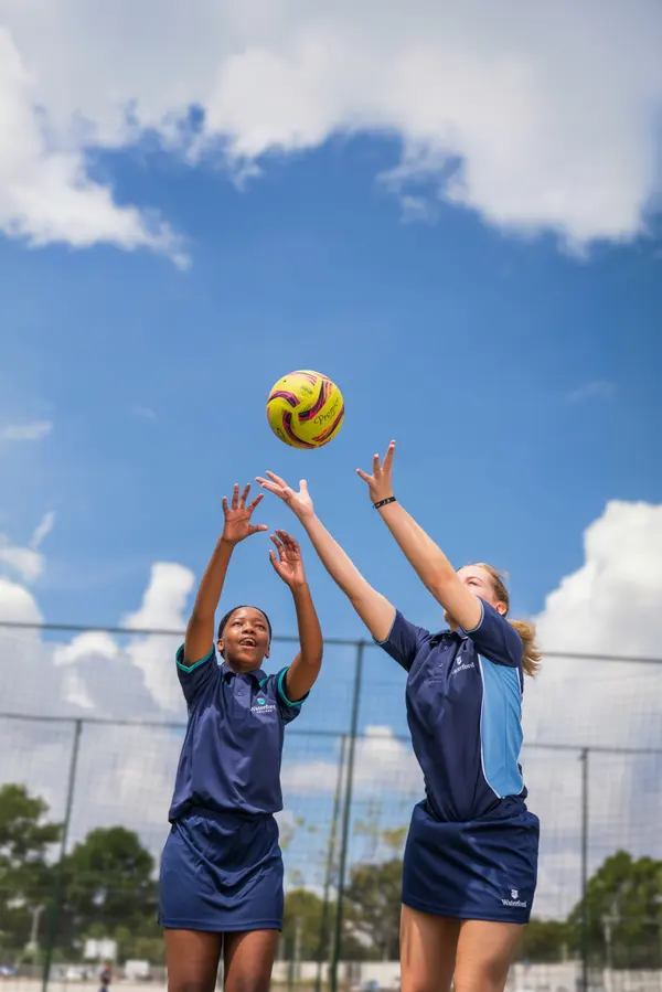 Two students reaching for a ball in the air