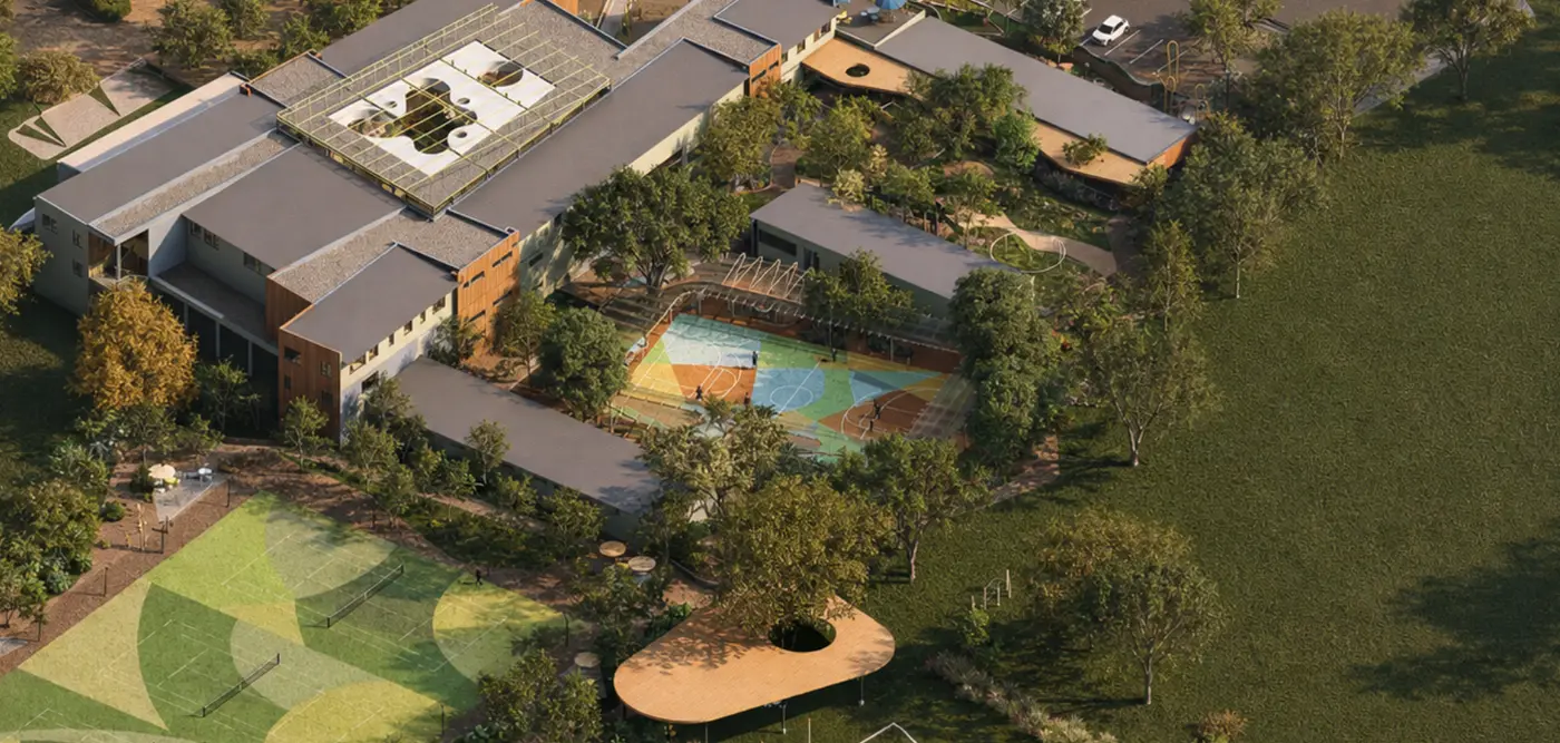 Aerial architect render of the Waterford College campus, showing the buildings, the multi-courts and the playing fields