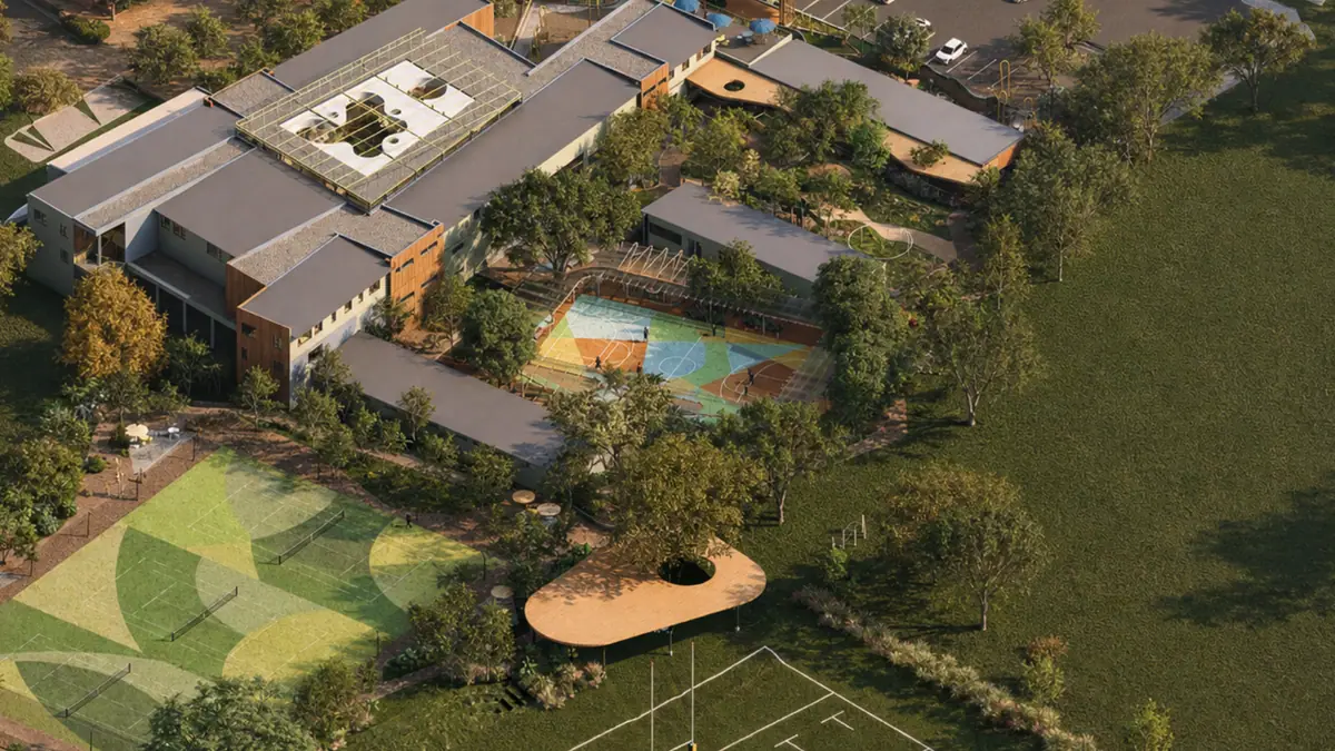 Aerial architect render of the whole Waterford College campus, showing buildings, courts and playing fields