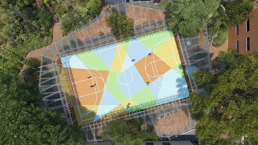 Architect render looking down on the three multi-courts, marked for several sports