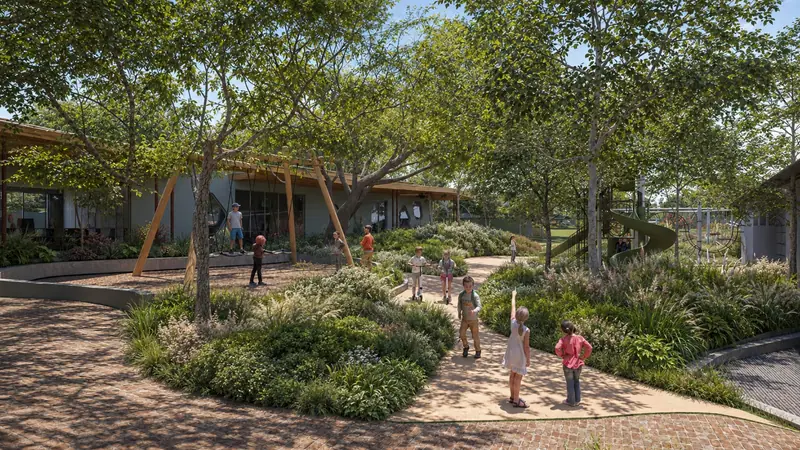 Architect render of the Waterford College entrance courtyard, with a timber canopy and planted beds